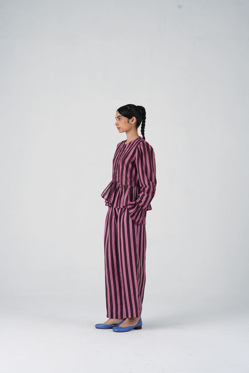 Jae Set-Brown And Pink Stripe cotton silk, linen co-ord set by CORD in multi-color for women in Singapore