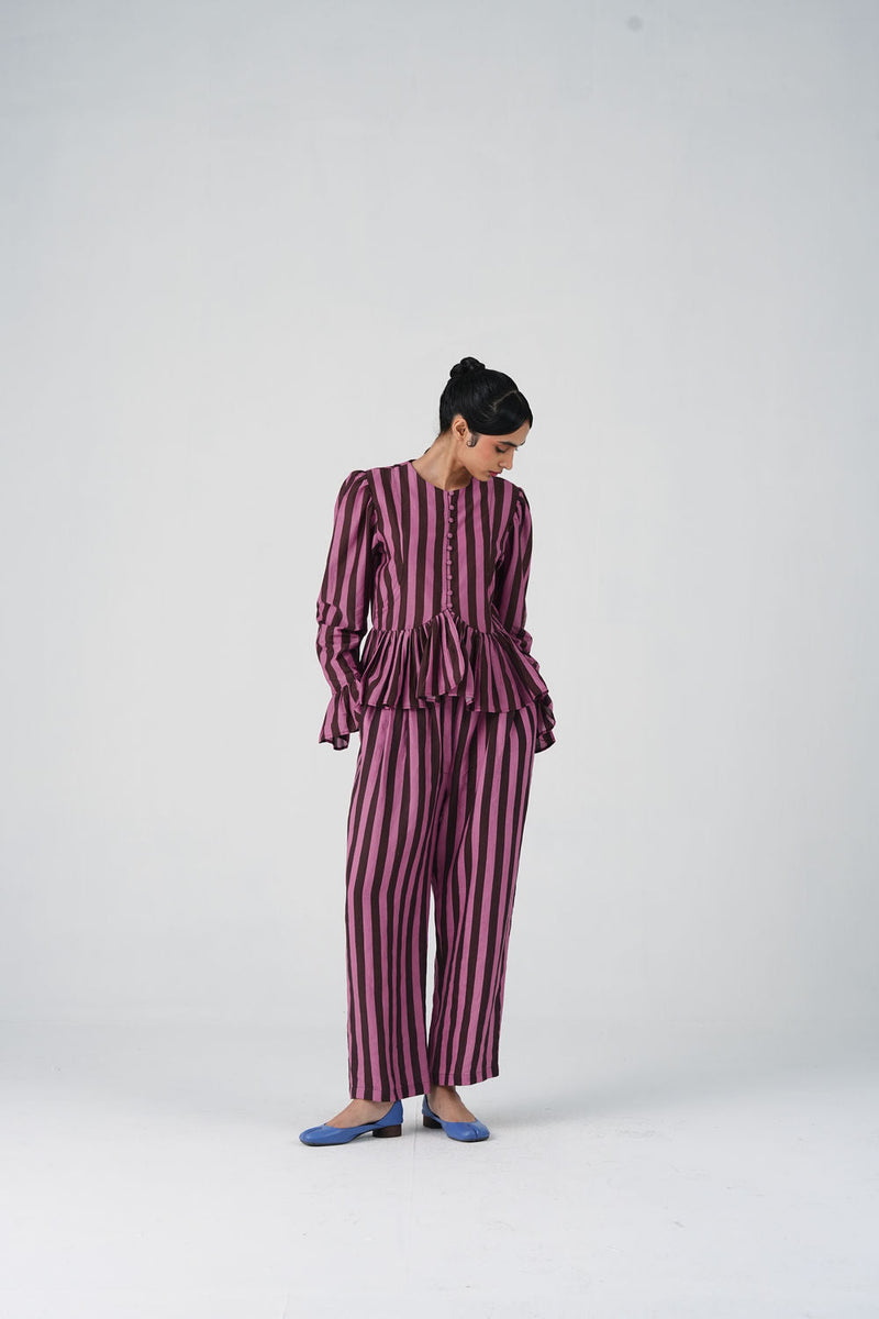Jae Set-Brown And Pink Stripe cotton silk, linen co-ord set by CORD in multi-color for women in Singapore