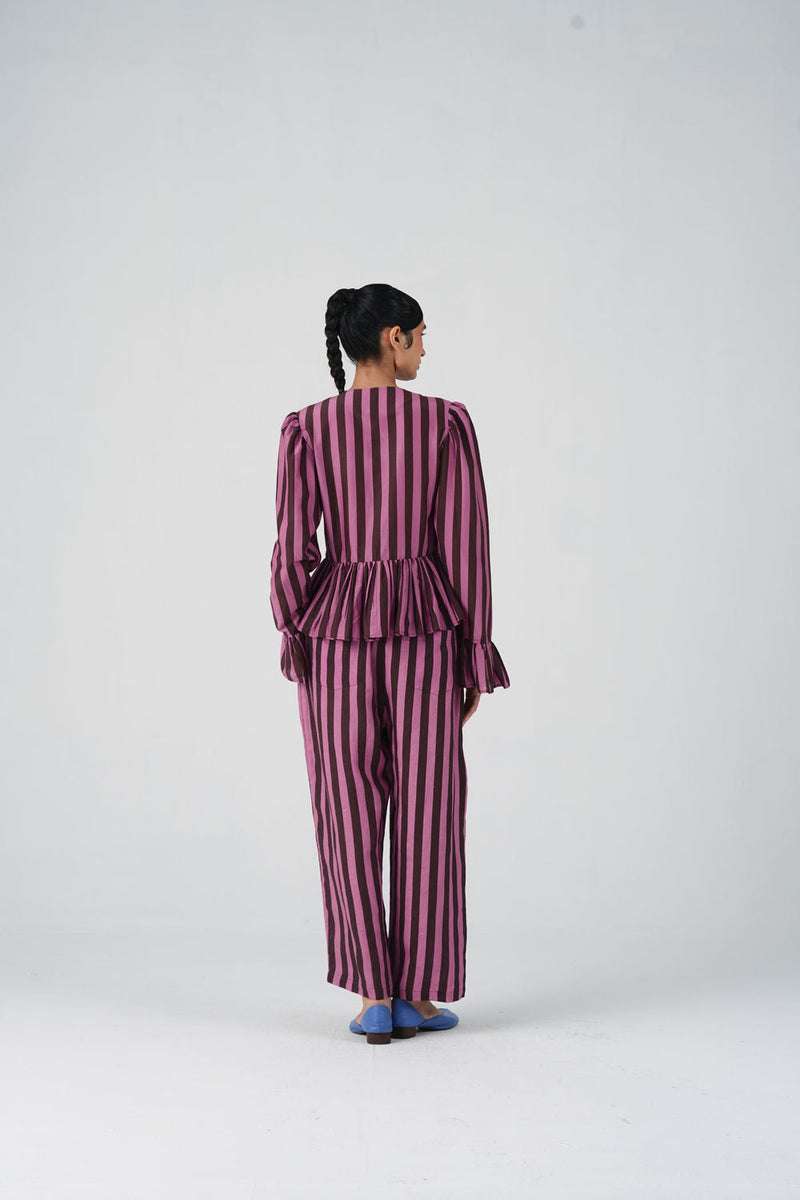 Jae Set-Brown And Pink Stripe cotton silk, linen co-ord set by CORD in multi-color for women in Singapore