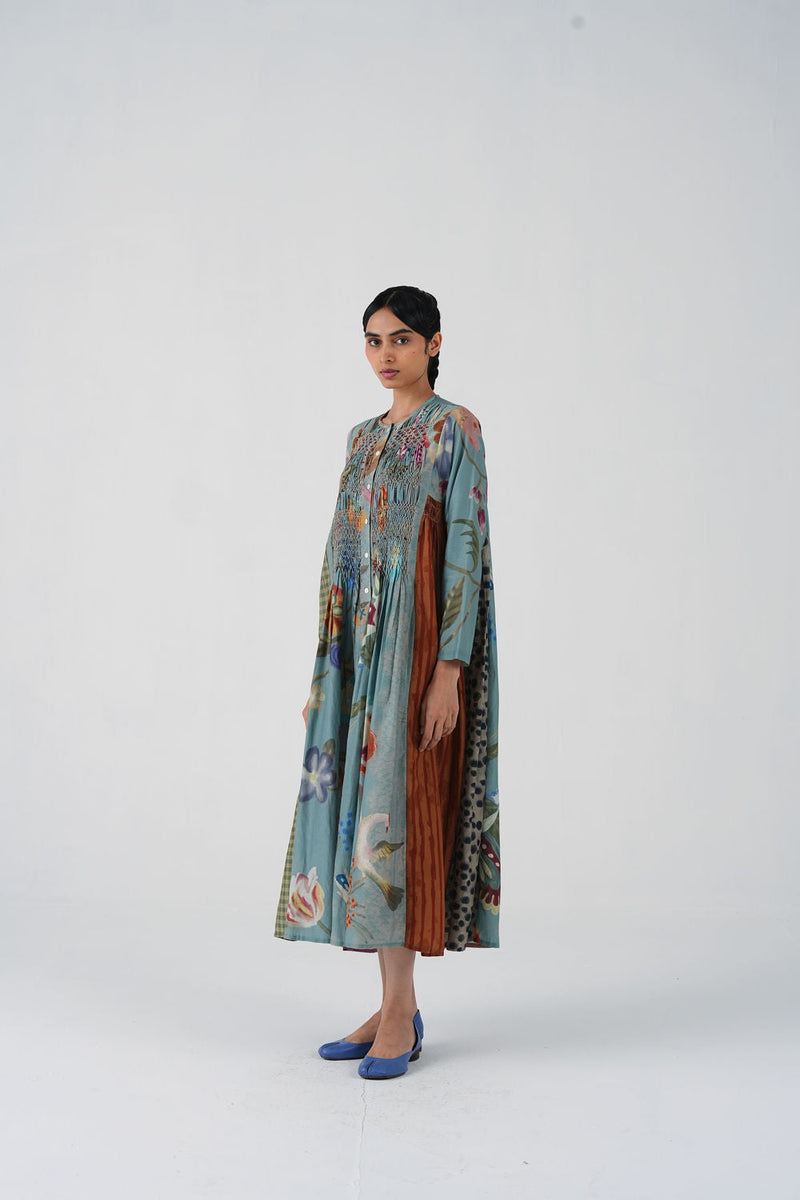 Frida Dress-Blue Floret cotton silk dress by CORD in multi-color for women in Singapore