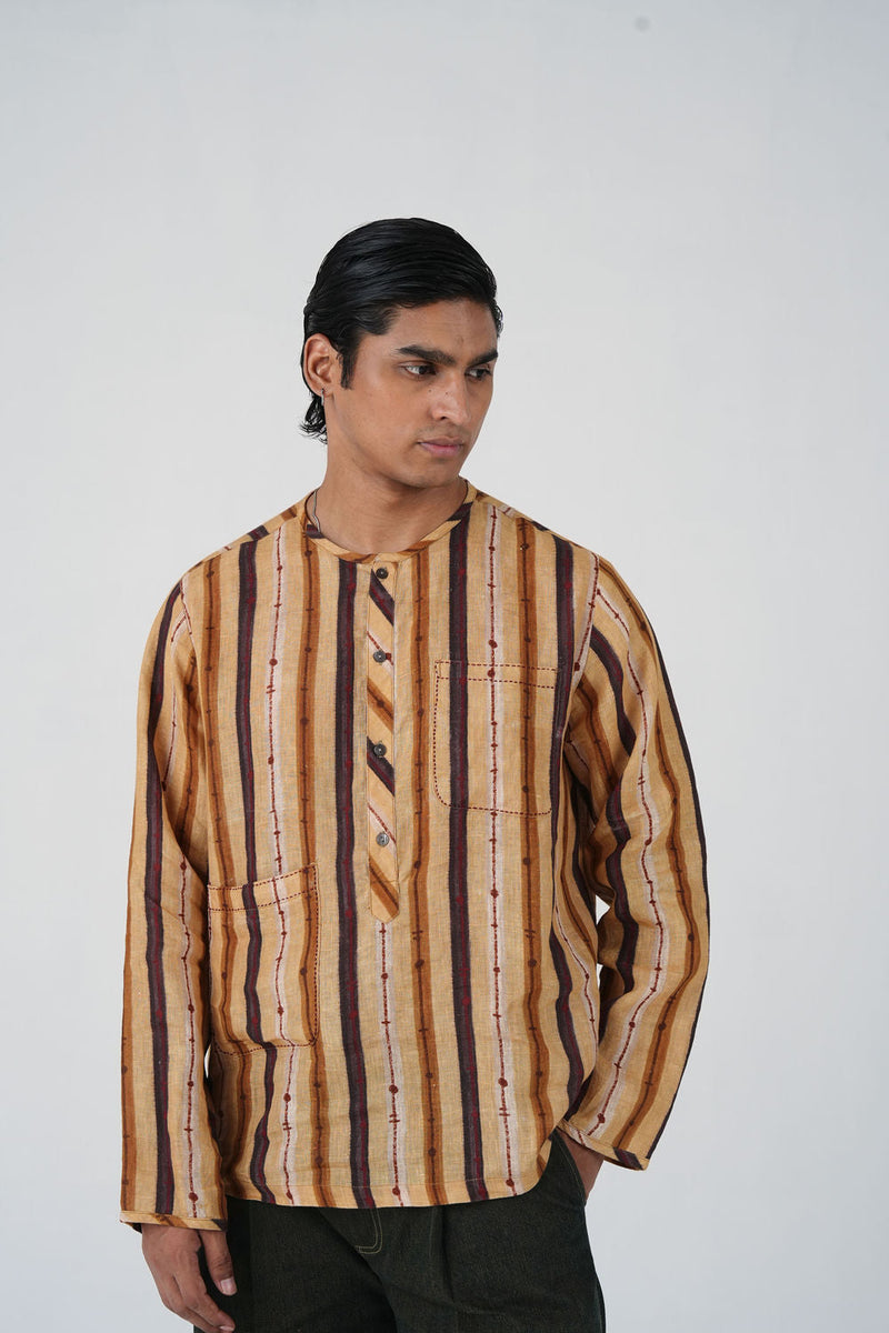 Zen Collarless Shirt-Blue Brown Striper linen shirt by CORD MEN in multi-color for men in Singapore