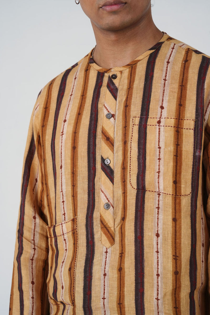 Zen Collarless Shirt-70'S Striper linen shirt by CORD MEN in multi-color for men in Singapore