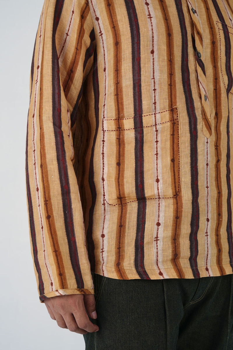Zen Collarless Shirt-70'S Striper linen shirt by CORD MEN in multi-color for men in Singapore
