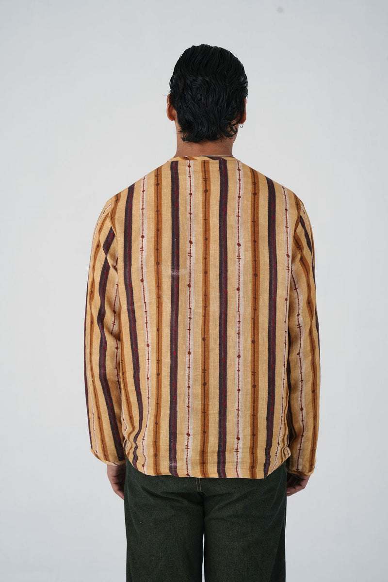 Zen Collarless Shirt-Blue Brown Striper linen shirt by CORD MEN in multi-color for men in Singapore