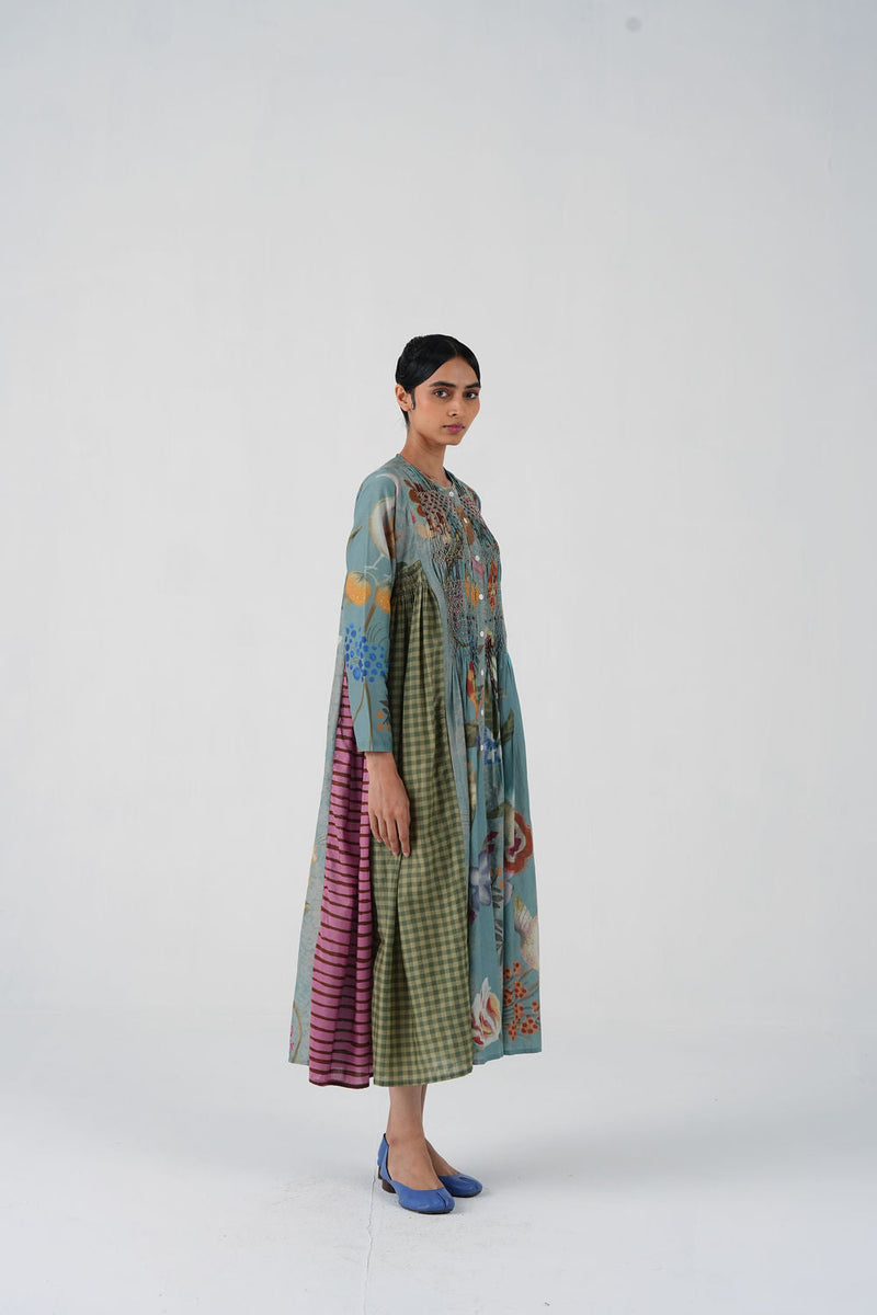 Frida Dress-Blue Floret cotton silk dress by CORD in multi-color for women in Singapore