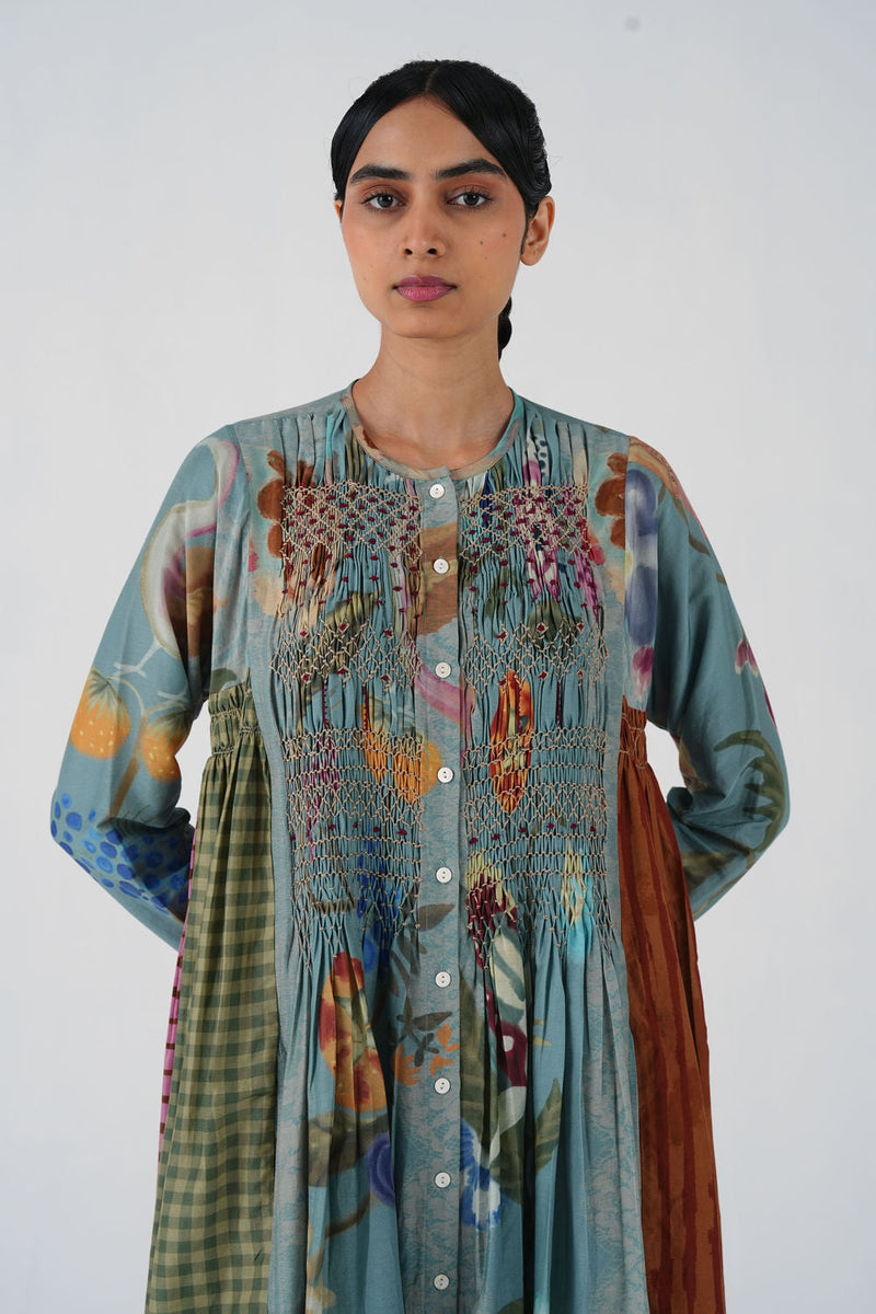 Frida Dress-Blue Floret cotton silk dress by CORD in multi-color for women in Singapore
