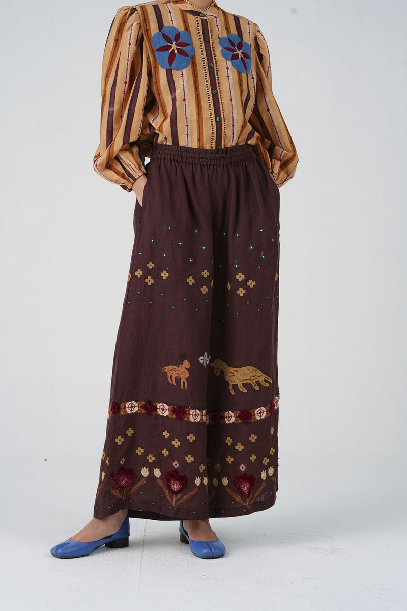 Pareo Pants-Brown Fresco linen pant/trouser by CORD in multi-color for women in Singapore