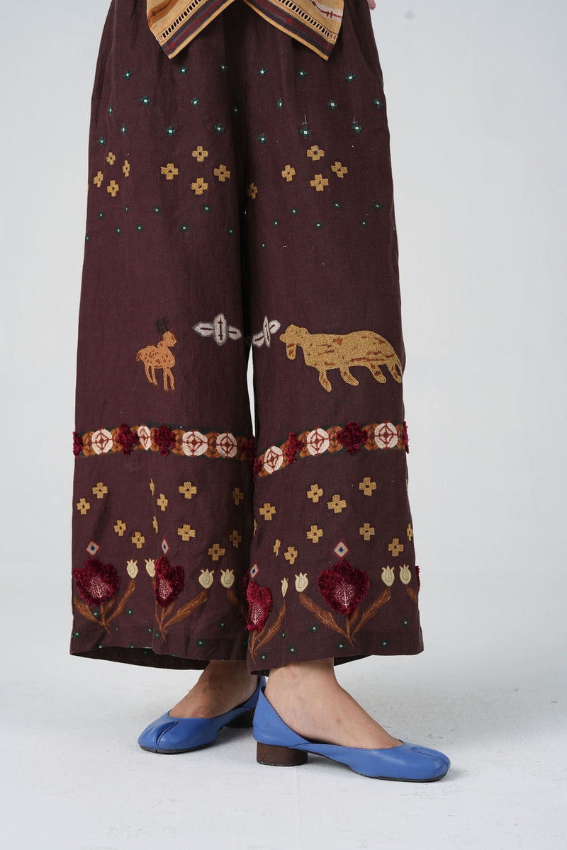 Pareo Pants-Brown Fresco linen pant/trouser by CORD in multi-color for women in Singapore