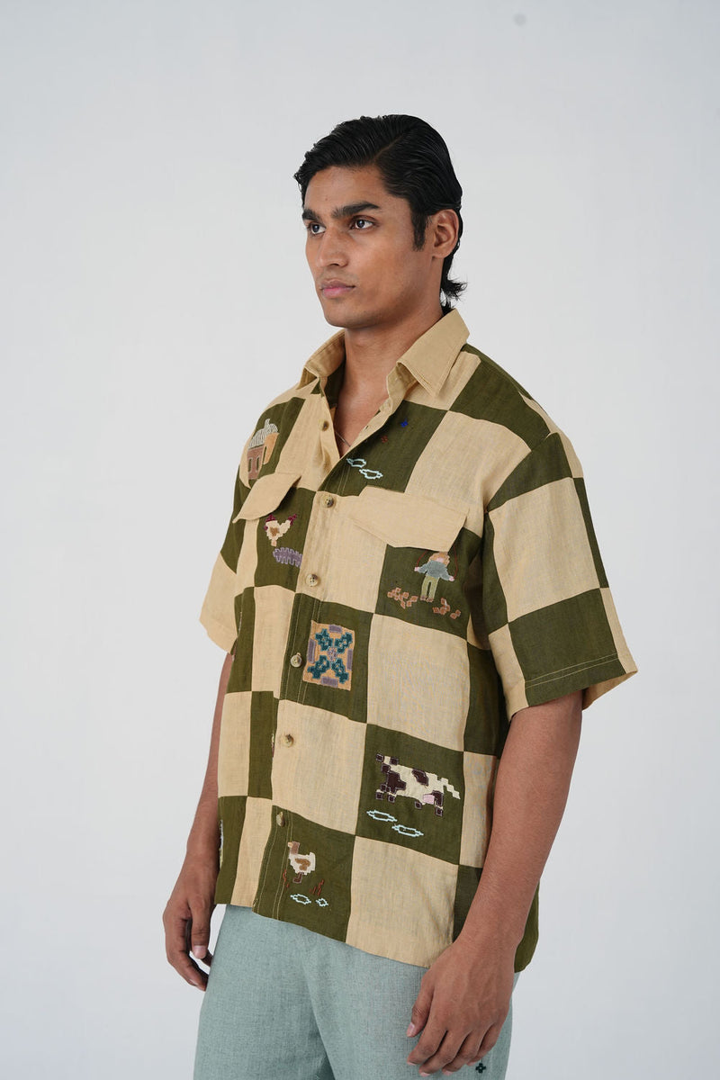 Skater Shirt-Countryside Applique linen shirt by CORD MEN in multi-color for men in Singapore