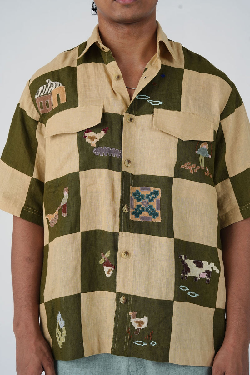Skater Shirt-Countryside Applique linen shirt by CORD MEN in multi-color for men in Singapore