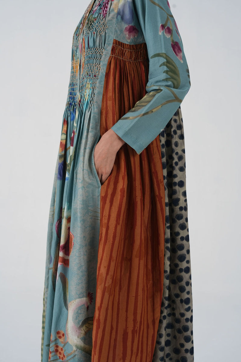 Frida Dress-Blue Floret cotton silk dress by CORD in multi-color for women in Singapore