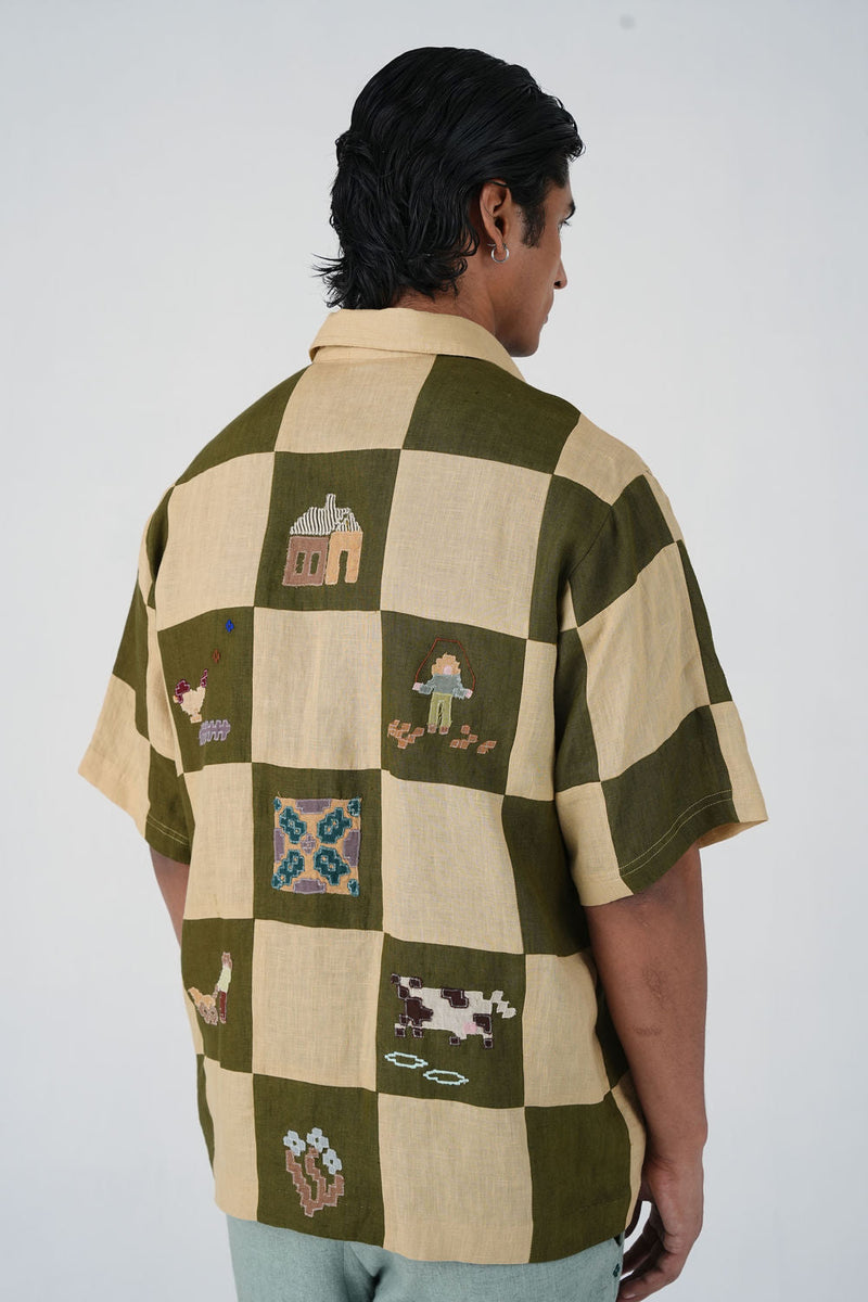 Skater Shirt-Countryside Applique linen shirt by CORD MEN in multi-color for men in Singapore