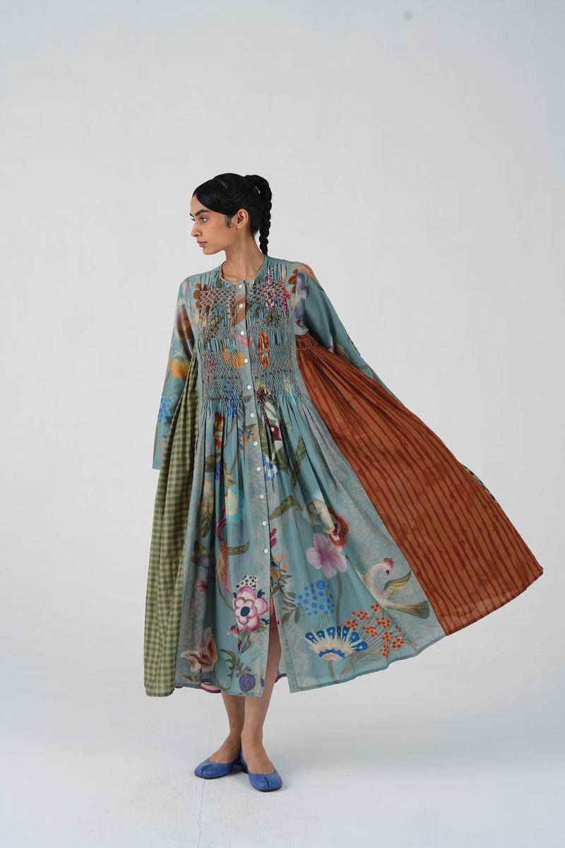 Frida Dress-Blue Floret cotton silk dress by CORD in multi-color for women in Singapore