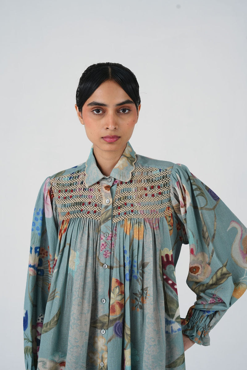 Judy Shirt-Blue Floret cotton top/shirt by CORD in multi-color for women in Singapore