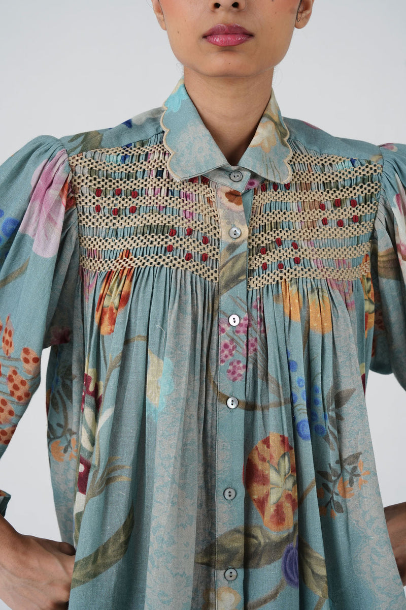 Judy Shirt-Blue Floret cotton top/shirt by CORD in multi-color for women in Singapore