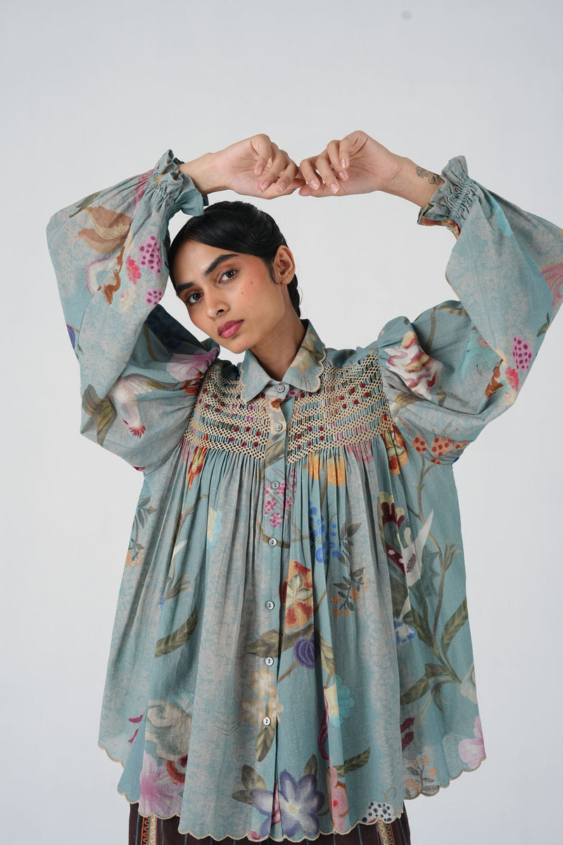 Judy Shirt-Blue Floret cotton top/shirt by CORD in multi-color for women in Singapore