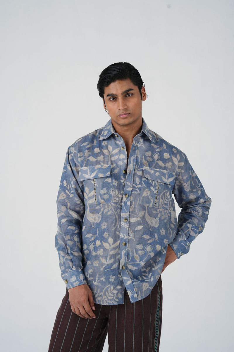 Hop Shirt-Crumpled Wallpaper linen shirt by CORD MEN in multi-color for men in Singapore