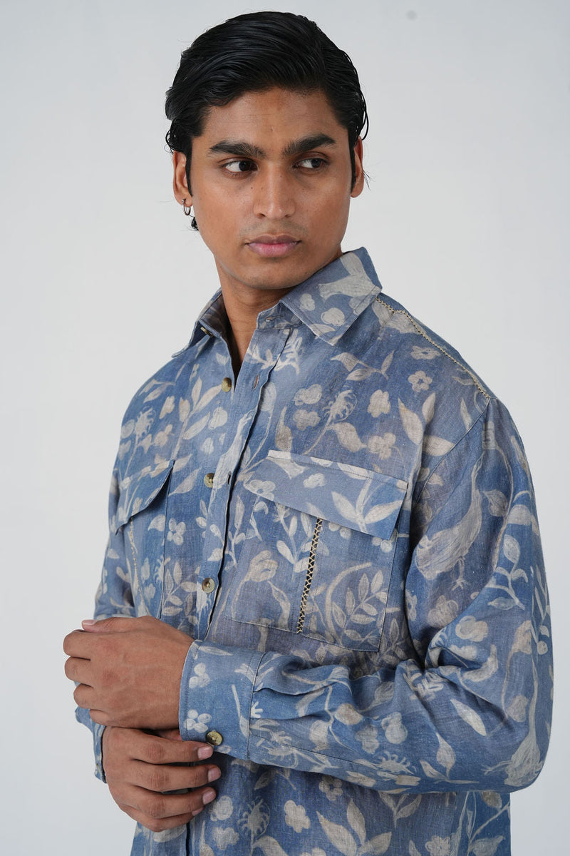 Hop Shirt-Crumpled Wallpaper linen shirt by CORD MEN in multi-color for men in Singapore