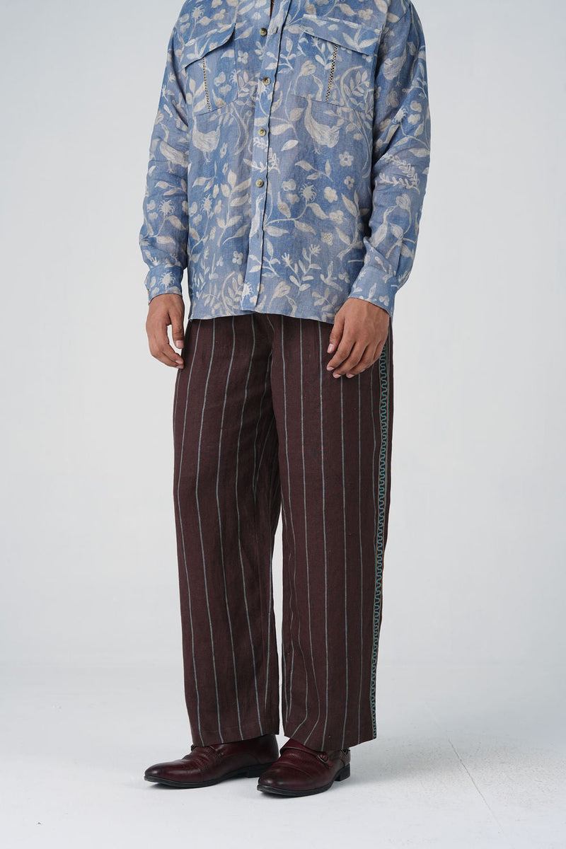Double Pleat Pants-Maroon Striper linen pant/trouser by CORD MEN in multi-color for men in Singapore