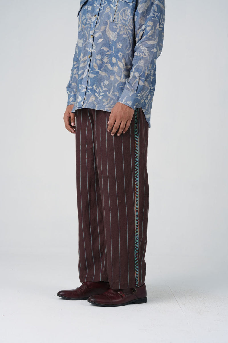 Double Pleat Pants-Maroon Striper linen pant/trouser by CORD MEN in multi-color for men in Singapore