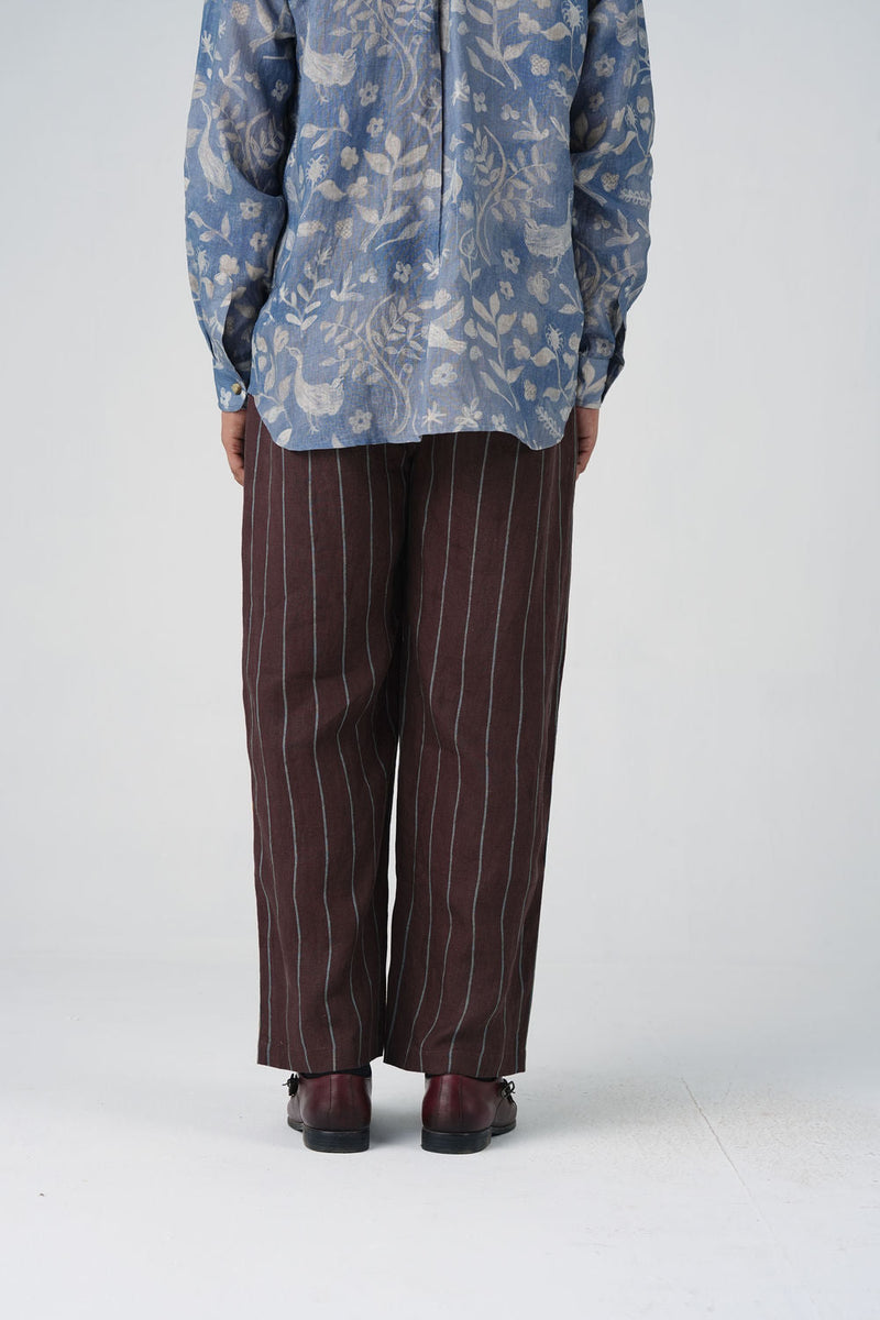 Double Pleat Pants-Maroon Striper linen pant/trouser by CORD MEN in multi-color for men in Singapore