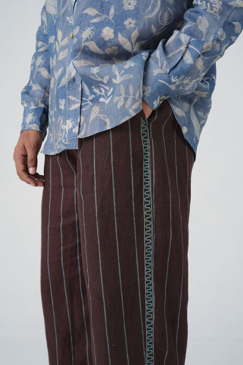 Double Pleat Pants-Maroon Striper linen pant/trouser by CORD MEN in multi-color for men in Singapore