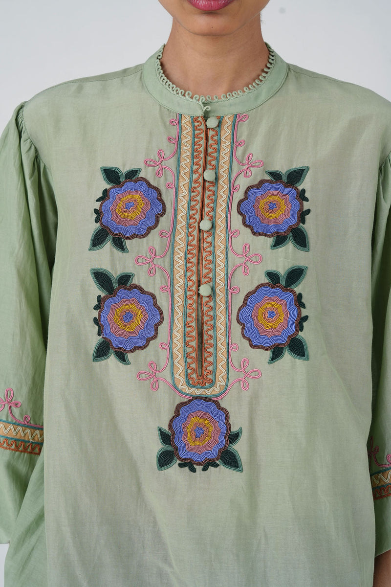 Jane Top-Blue Marigold cotton silk top and shirts by CORD in multi-color for women in Singapore