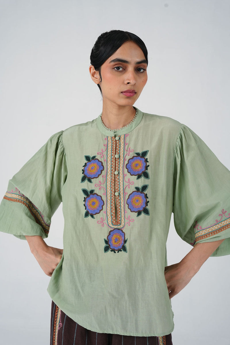Jane Top-Blue Marigold cotton silk top and shirts by CORD in multi-color for women in Singapore