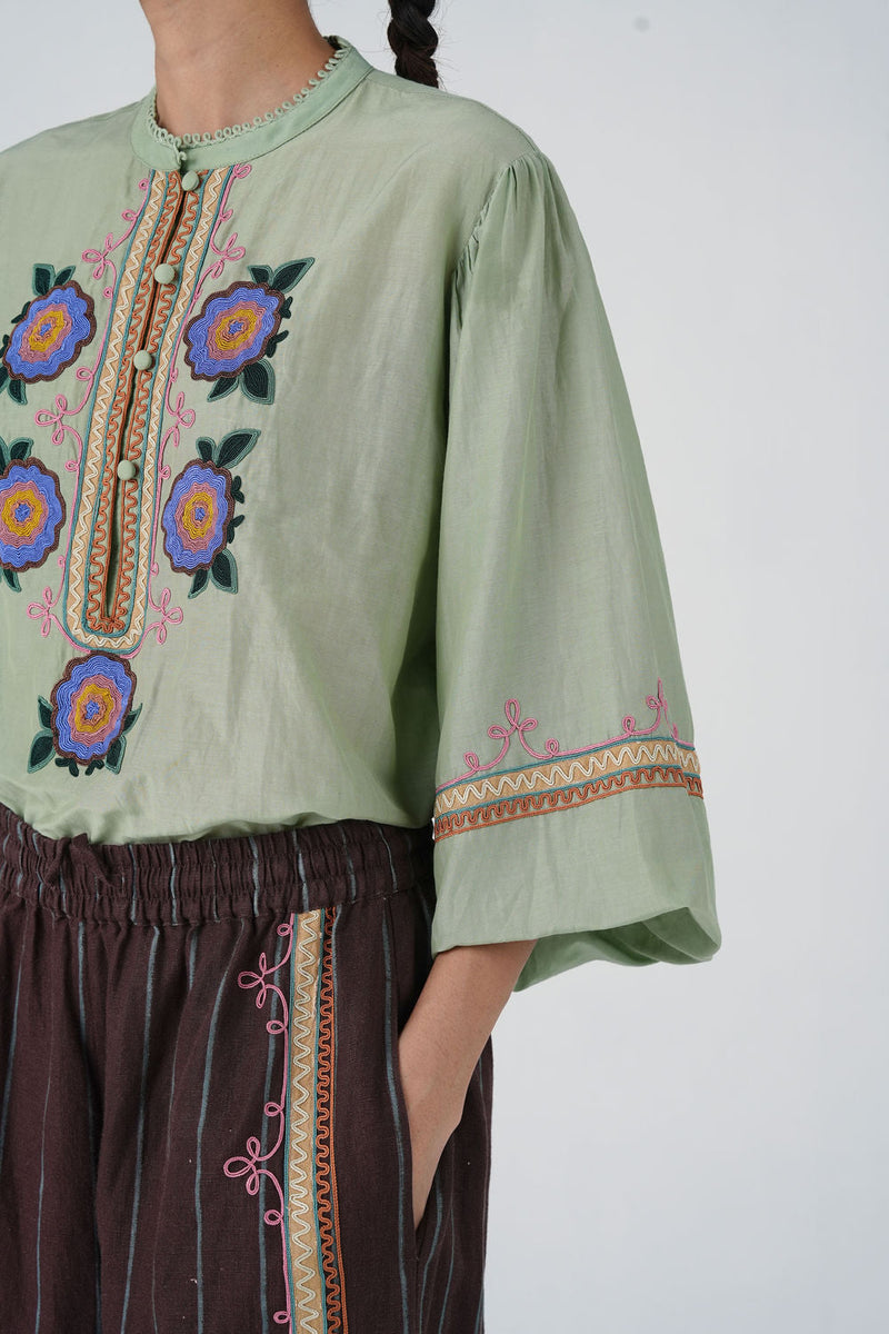 Jane Top-Blue Marigold cotton silk top and shirts by CORD in multi-color for women in Singapore
