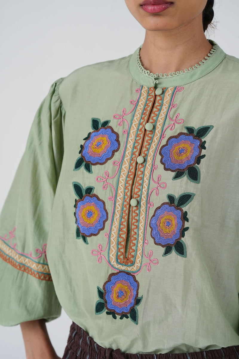 Jane Top-Blue Marigold cotton silk top and shirts by CORD in multi-color for women in Singapore