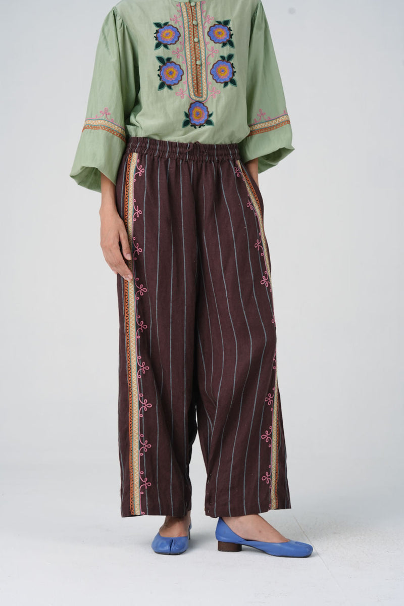 Pareo Pants-Brown Stripe With Dori linen pant/trouser by CORD in multi-color for women in Singapore