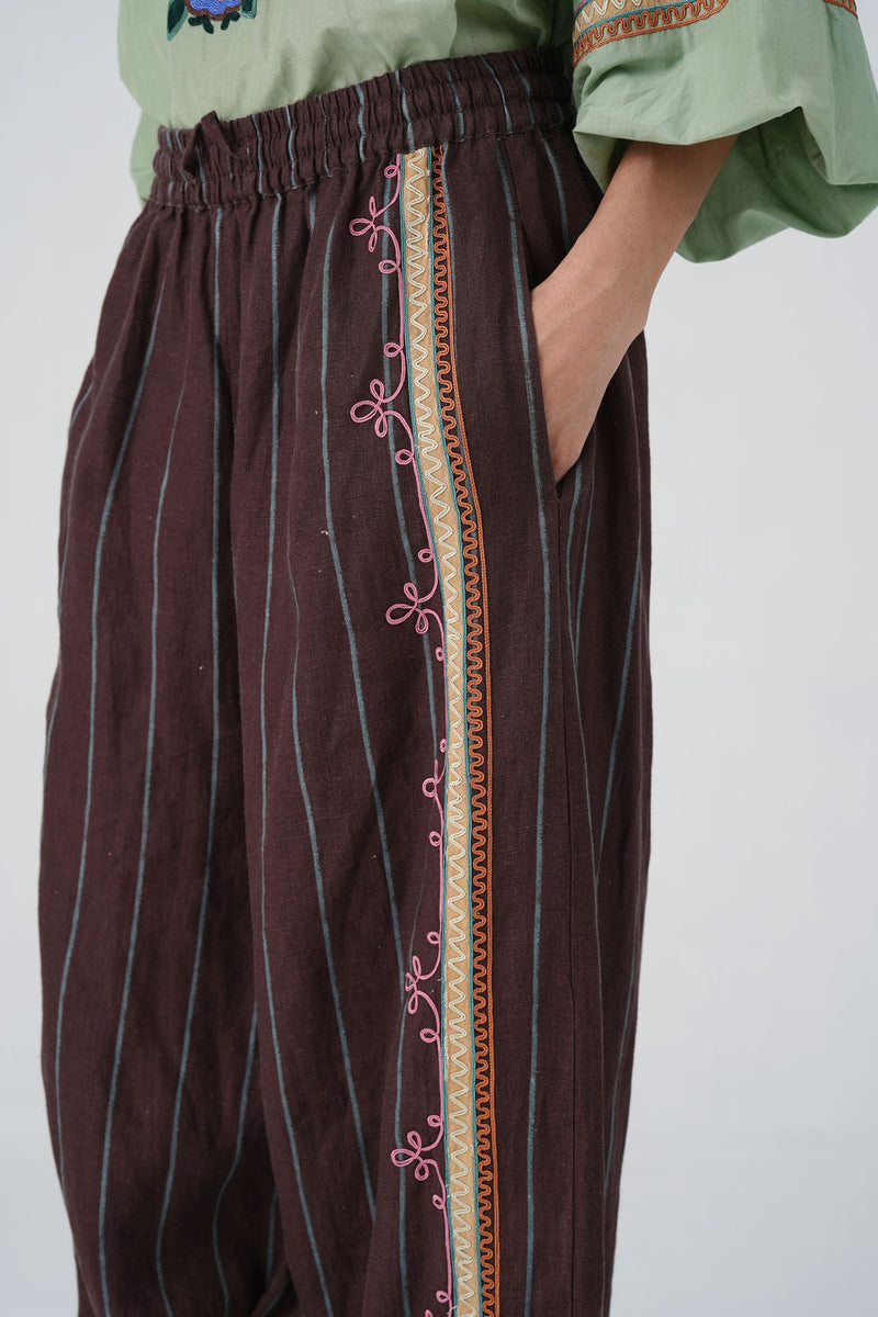Pareo Pants-Brown Stripe With Dori linen pant/trouser by CORD in multi-color for women in Singapore