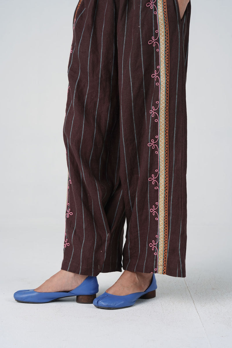 Pareo Pants-Brown Stripe With Dori linen pant/trouser by CORD in multi-color for women in Singapore