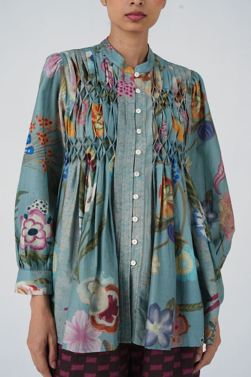 Leni Top-Blue Floret cotton silk top and shirts by CORD in multi-color for women in Singapore