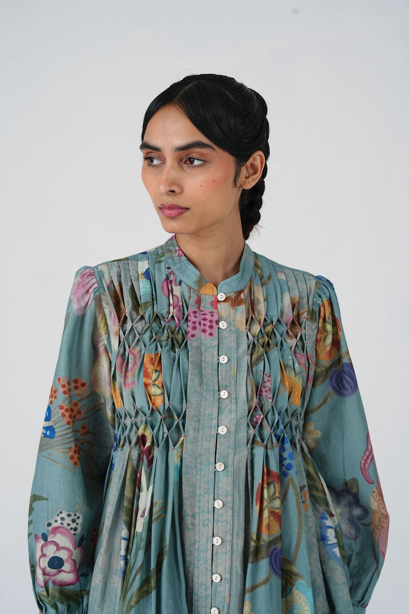 Leni Top-Blue Floret cotton silk top and shirts by CORD in multi-color for women in Singapore