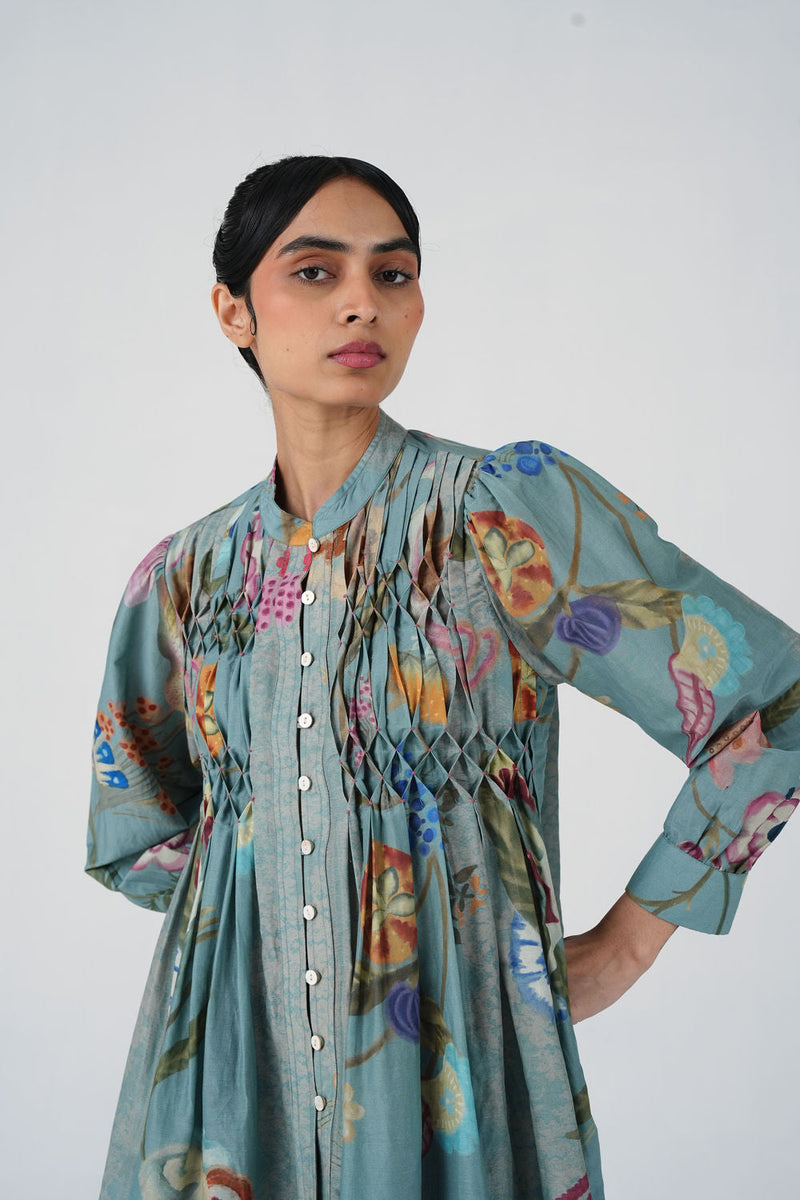 Leni Top-Blue Floret cotton silk top and shirts by CORD in multi-color for women in Singapore