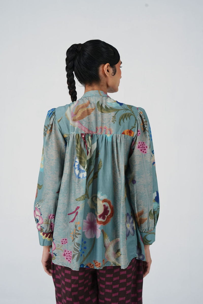 Leni Top-Blue Floret cotton silk top and shirts by CORD in multi-color for women in Singapore