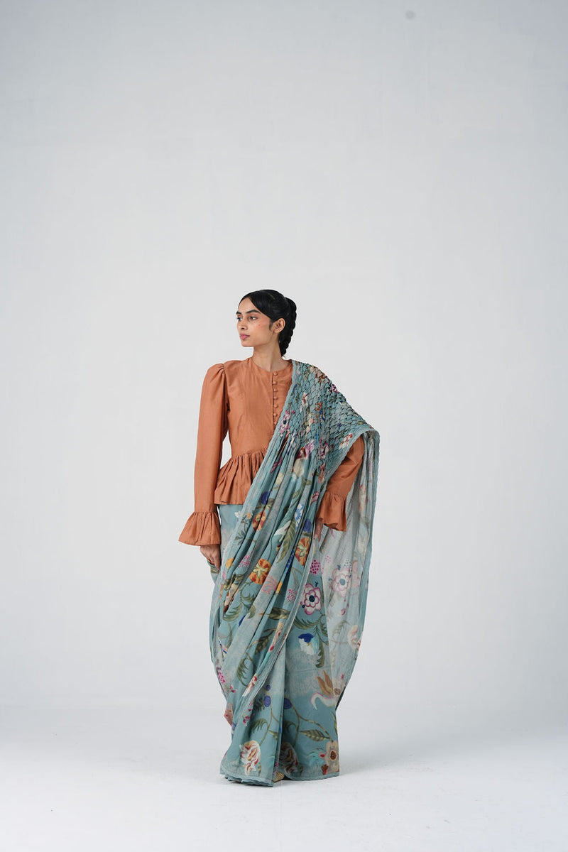 Smocked Saree-Blue Floret cotton saree by CORD in multi-color for women in Singapore