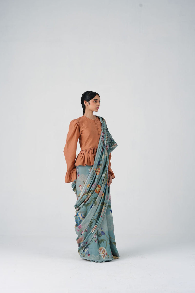 Smocked Saree-Blue Floret cotton saree by CORD in multi-color for women in Singapore