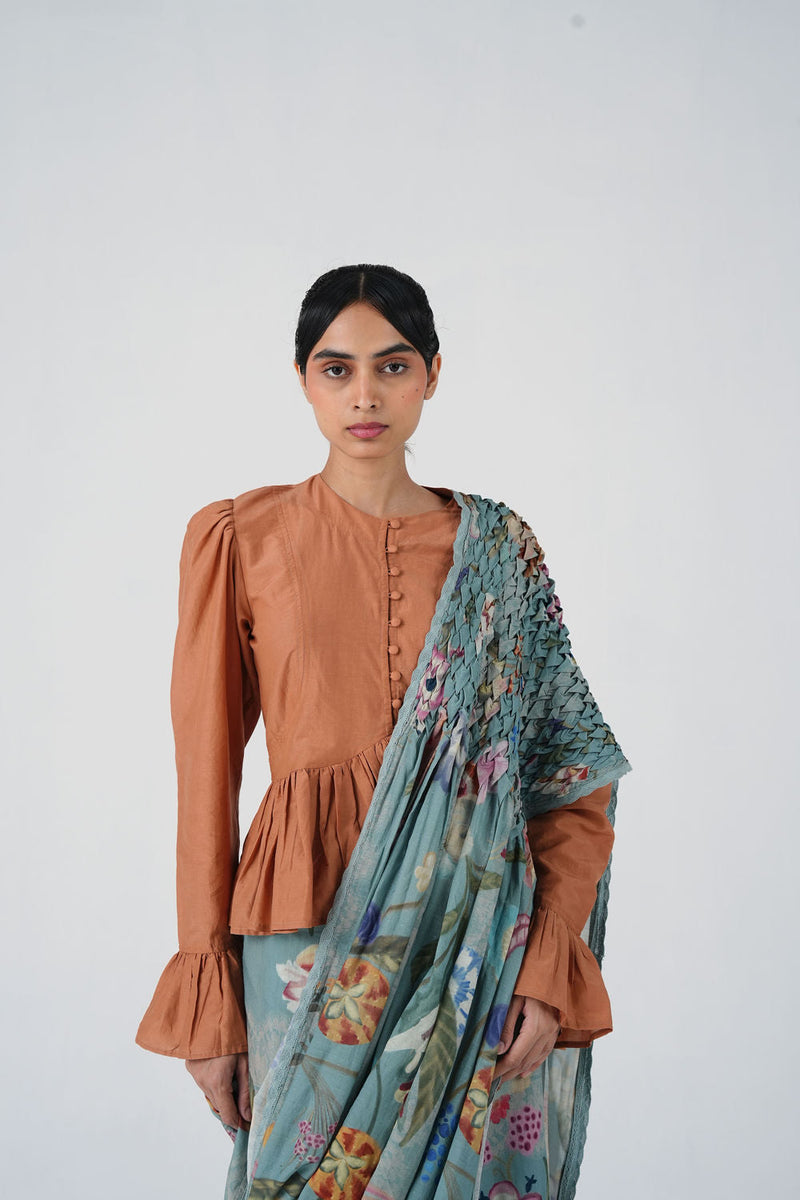 Smocked Saree-Blue Floret cotton saree by CORD in multi-color for women in Singapore