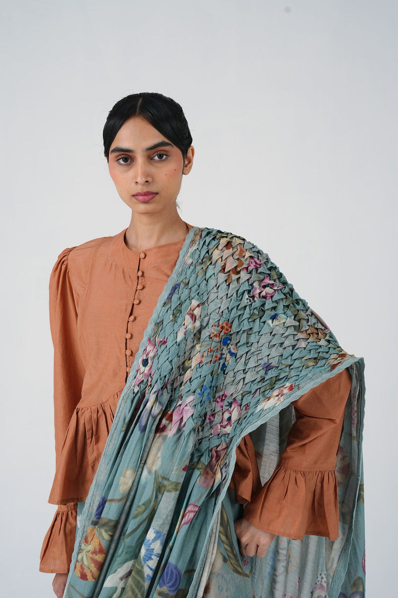 Smocked Saree-Blue Floret cotton saree by CORD in multi-color for women in Singapore