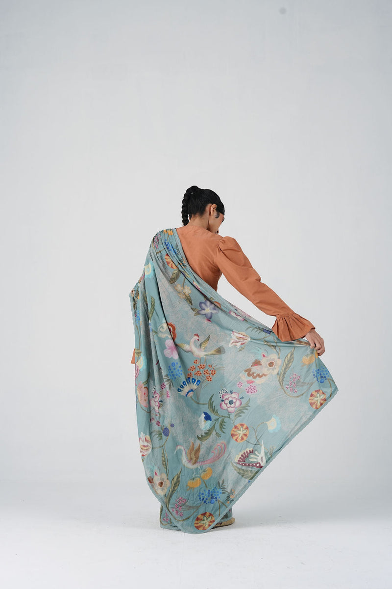Smocked Saree-Blue Floret cotton saree by CORD in multi-color for women in Singapore