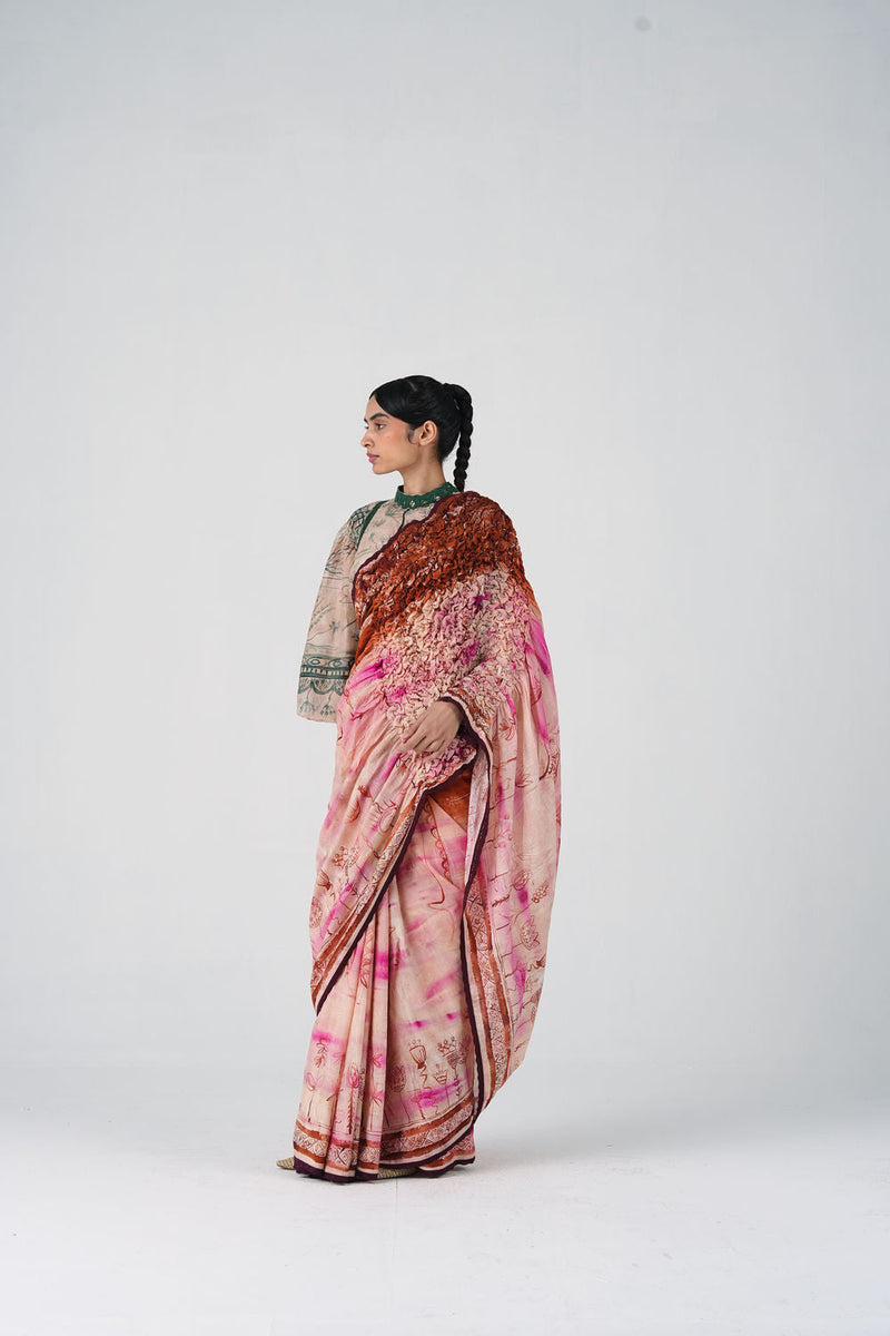Smocked Saree-Sai cotton saree by CORD in multi-color for women in Singapore