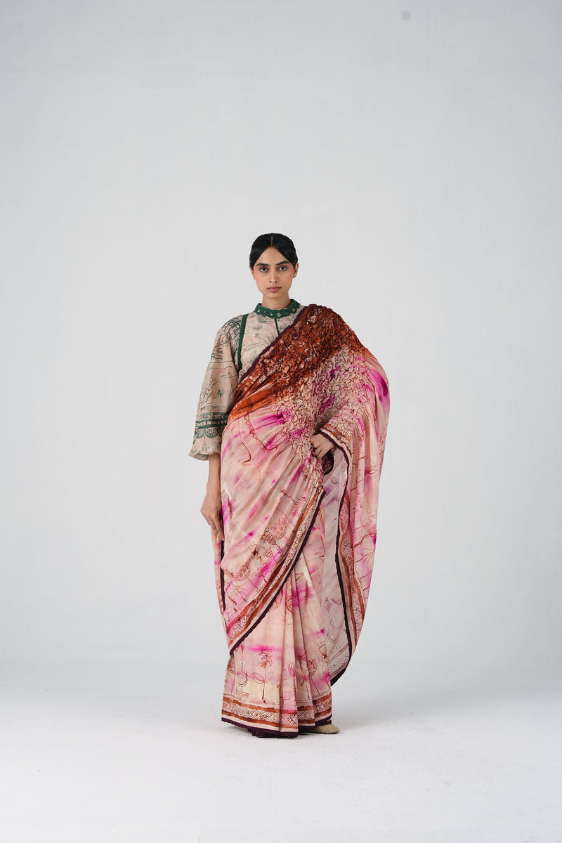 Smocked Saree-Sai cotton saree by CORD in multi-color for women in Singapore