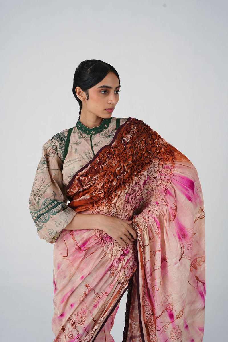 Smocked Saree-Sai cotton saree by CORD in multi-color for women in Singapore