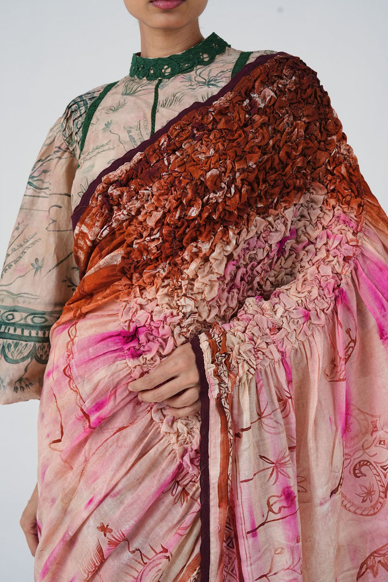 Smocked Saree-Sai cotton saree by CORD in multi-color for women in Singapore