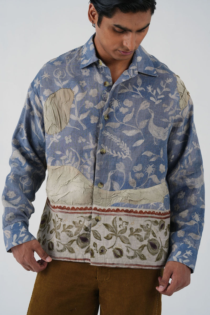 Tram Jacket-Crumpled Wallpaper linen jacket by CORD MEN in multi-color for men in Singapore
