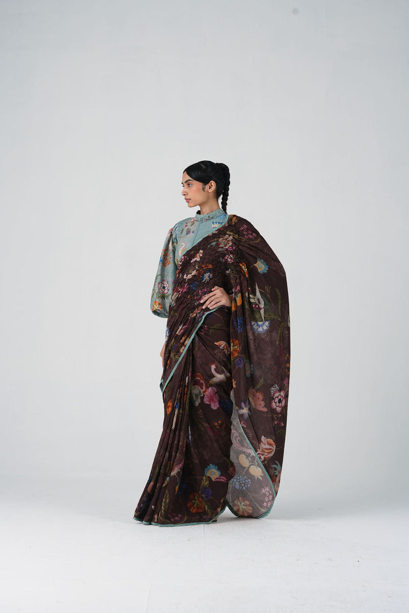 Beth Top-Blue Floret cotton silk top and shirts by CORD in multi-color for women in Singapore