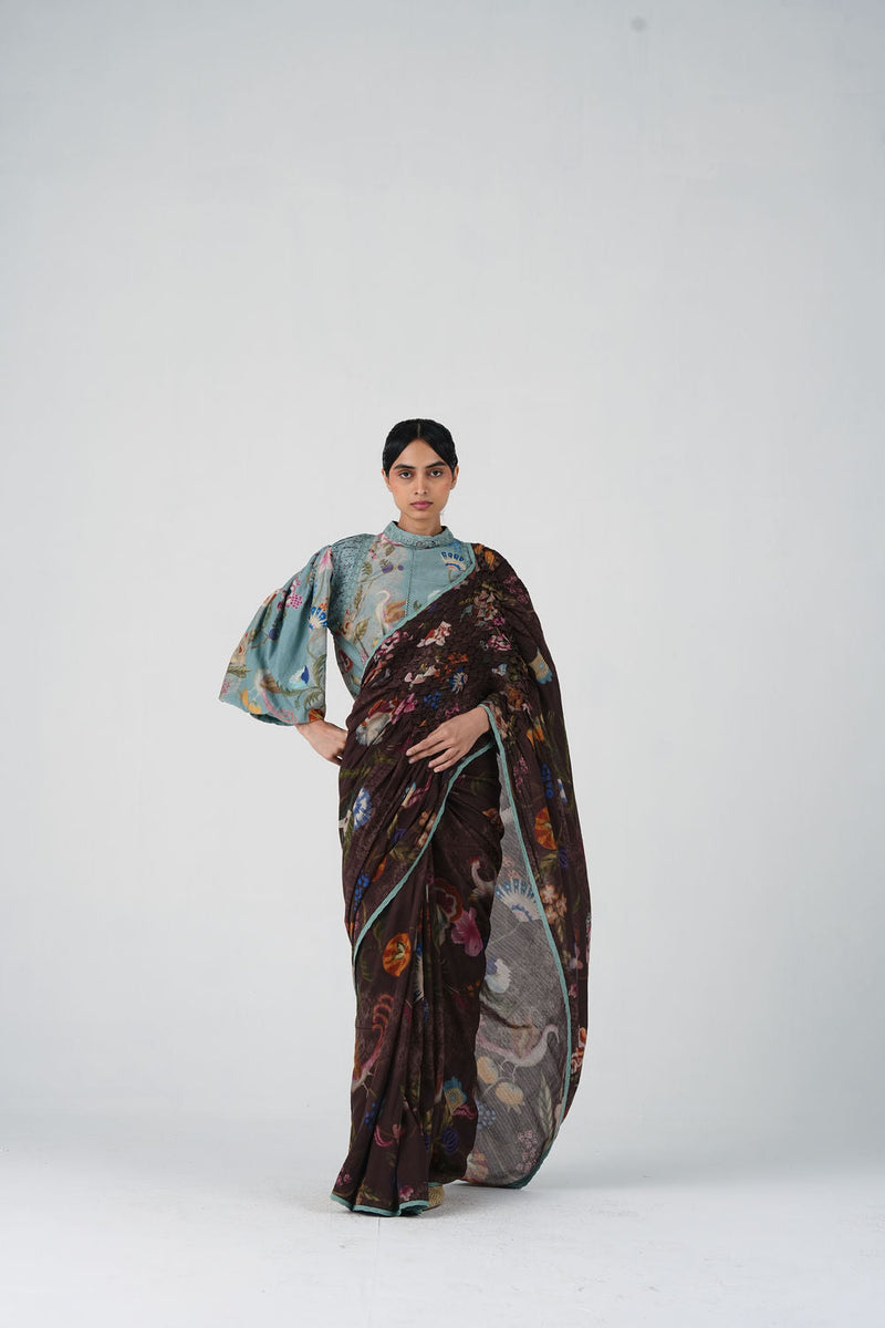 Beth Top-Blue Floret cotton silk top and shirts by CORD in multi-color for women in Singapore