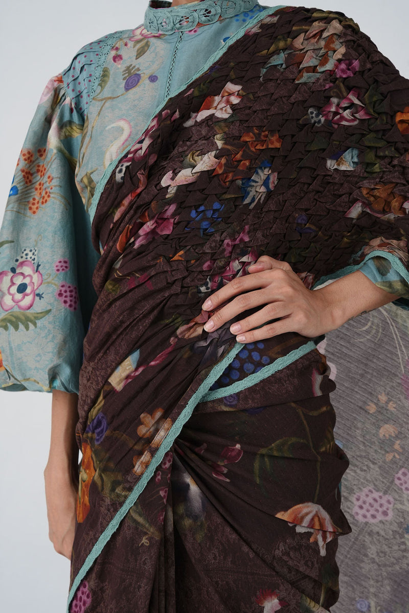 Beth Top-Blue Floret cotton silk top and shirts by CORD in multi-color for women in Singapore